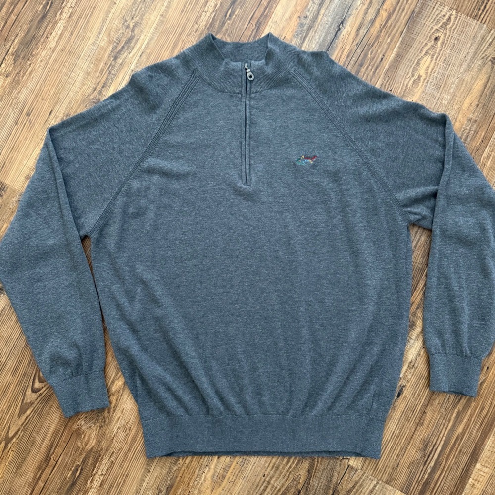 Greg Norman Quarter Zip Pullover Sweater Mens L Gray Excellent Shark Logo